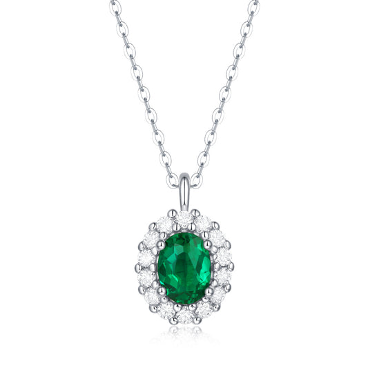 (1.5CT) Lab-Created Emerald Oval Ice Cut Soleste Halo Pendants Silver Necklace for Women