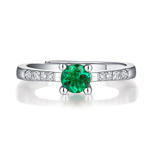 (0.5CT) Lab-Created Emerald Round Ice Cut Solitaire Four Prongs Adjustable Open-ended Silver Ring for Women