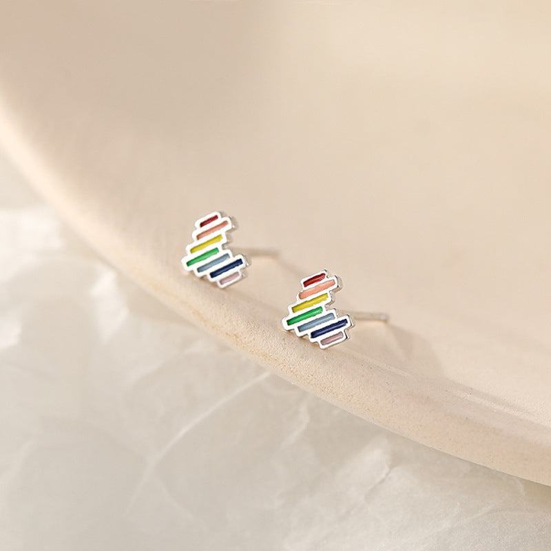 Colourful Mini Rainbow Heart Silver Studs Earrings for Women