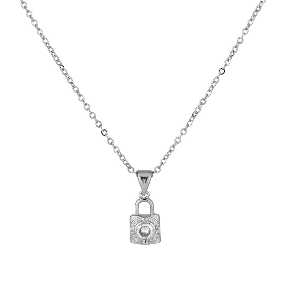 Zircon Small Lock Pendant Silver Necklace for Women