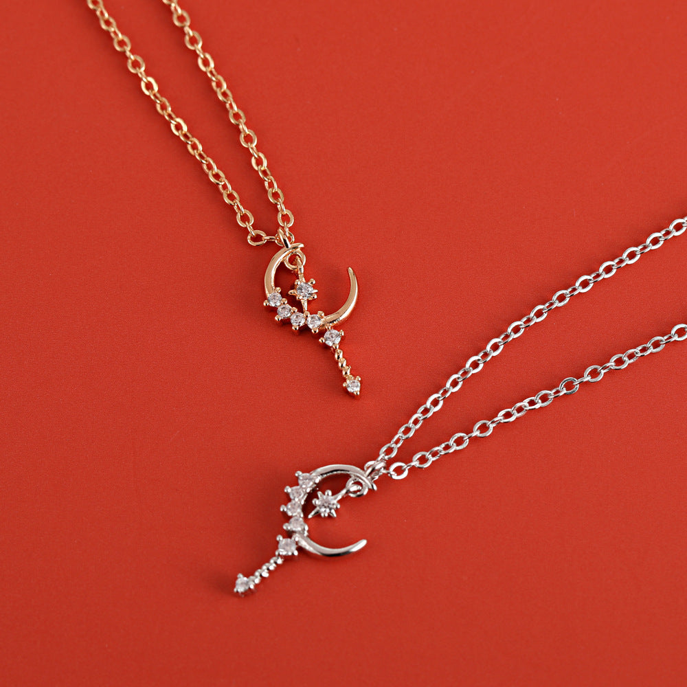Zircon Moon with Star Short Tassel Silver Necklace for Women
