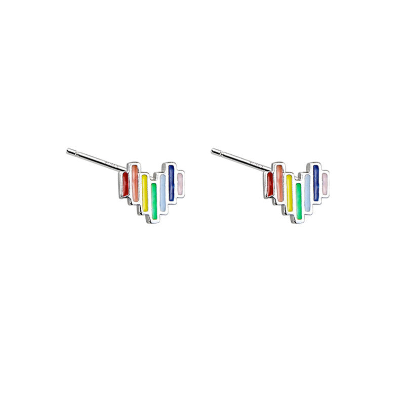 Colourful Mini Rainbow Heart Silver Studs Earrings for Women