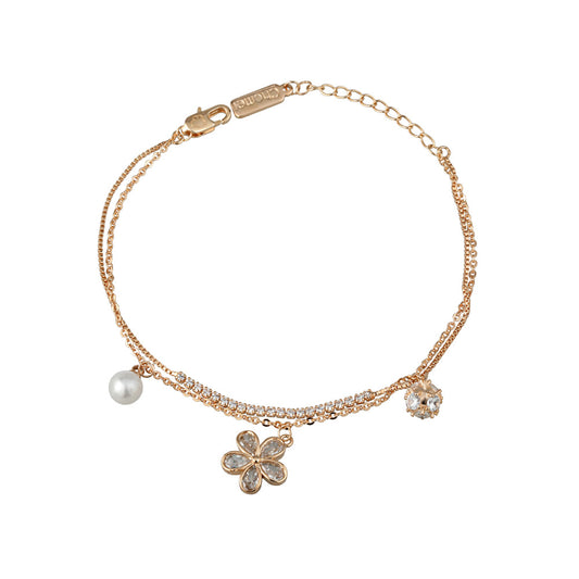 Zircon Flower with Pearl Double-layer Silver Bracelet for Women