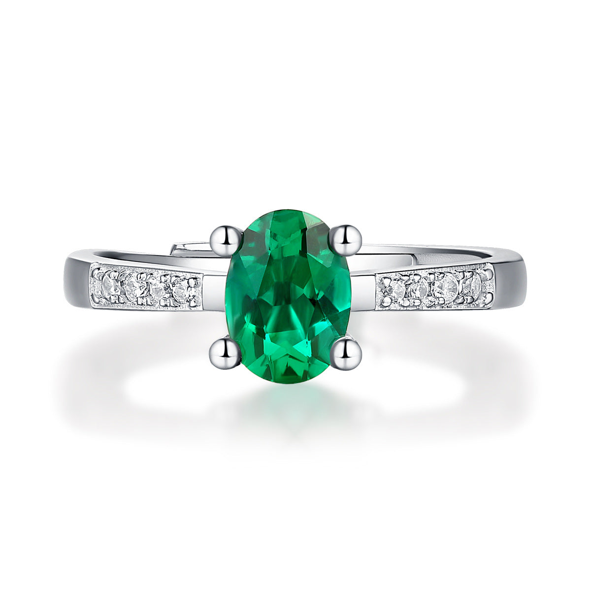 (1.0CT) Lab-Created Emerald Oval Ice Cut Solitaire Four Prongs Adjustable Open-ended Silver Ring for Women