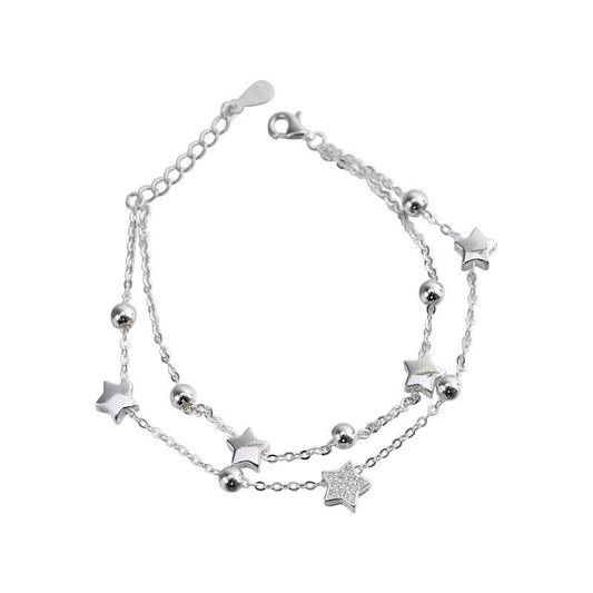 Double-chain Beading Star and Round Beads Silver Bracelet for Women