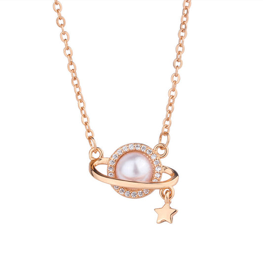 Pearl Saturn Pendant Silver Necklace for Women