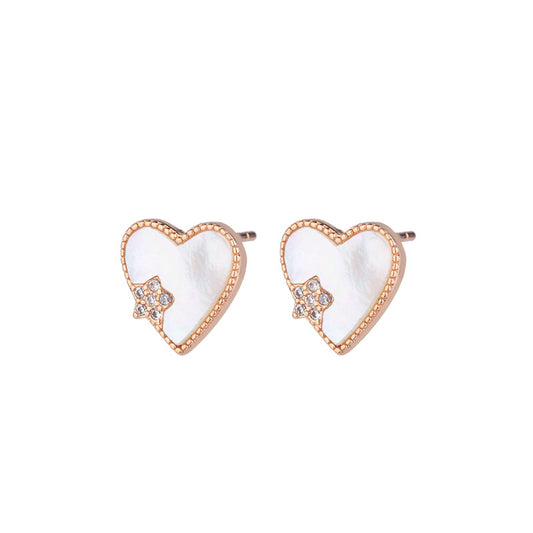 Mother of Pearl Heart with Zircon Star Silver Studs Earrings for Women