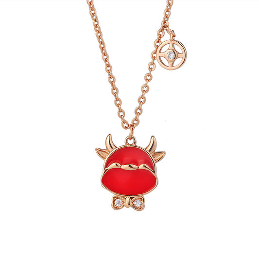 Red Cow with Zircon Pendant Silver Necklace for Women