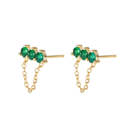 Green Zircon with Tassel Chain Silver Studs Earrings for Women