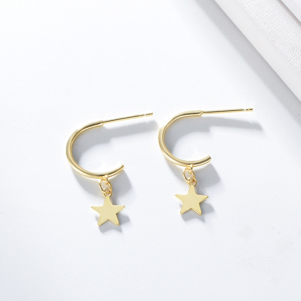 Star Pendant C-shaped Silver Studs Earrings for Women