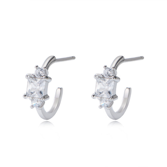 Geometric Square Zircon Sterling Silver Studs Earrings for Women