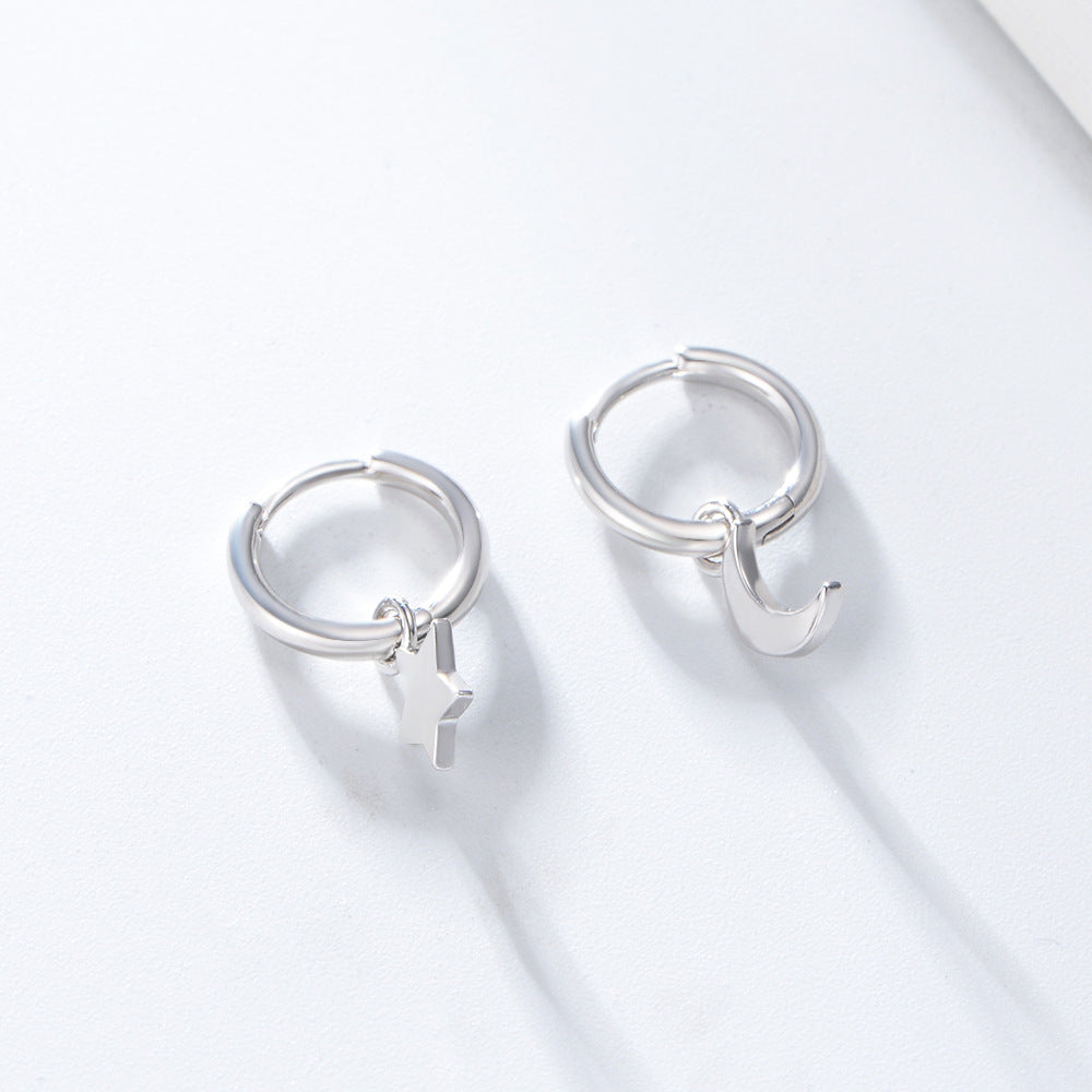 Asymmetric Star and Moon Pendant Silver Hoop Earrings for Women