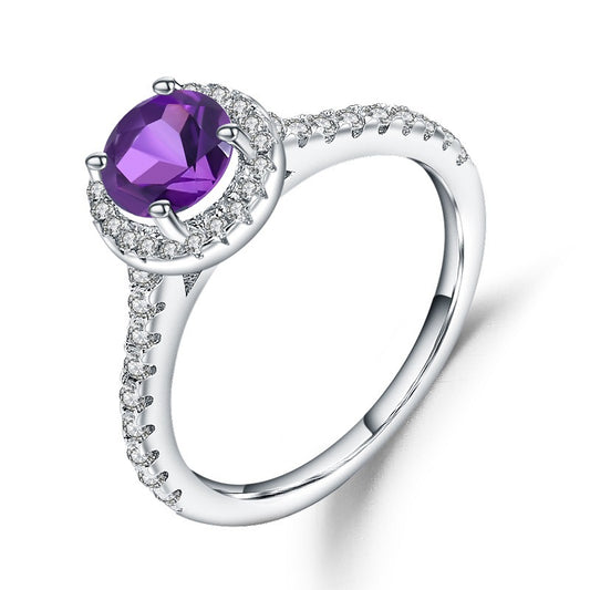 Simple s925 Silver Inlaid Natural Stone Amethyst Ring for Women