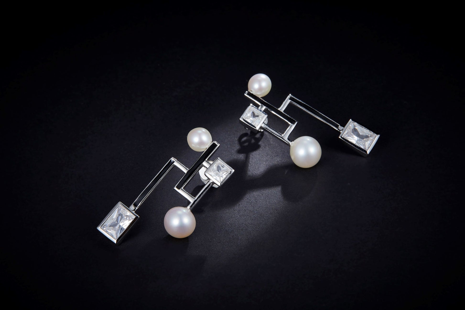 Geometric Figure Enamel with Pearl Silver Earrings for Women