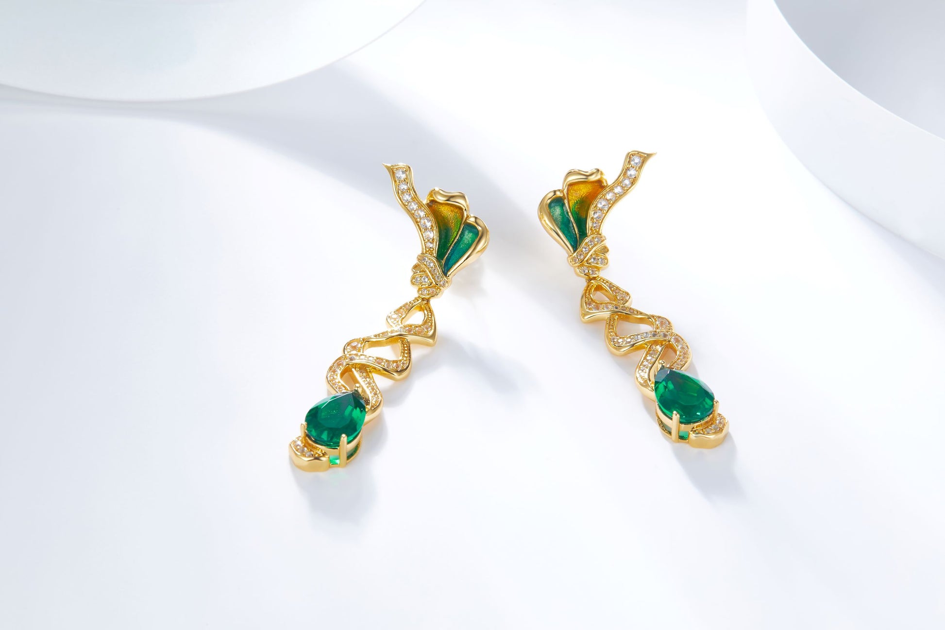 Golden Silk Ribbon Enamel Drop Earrings for Women