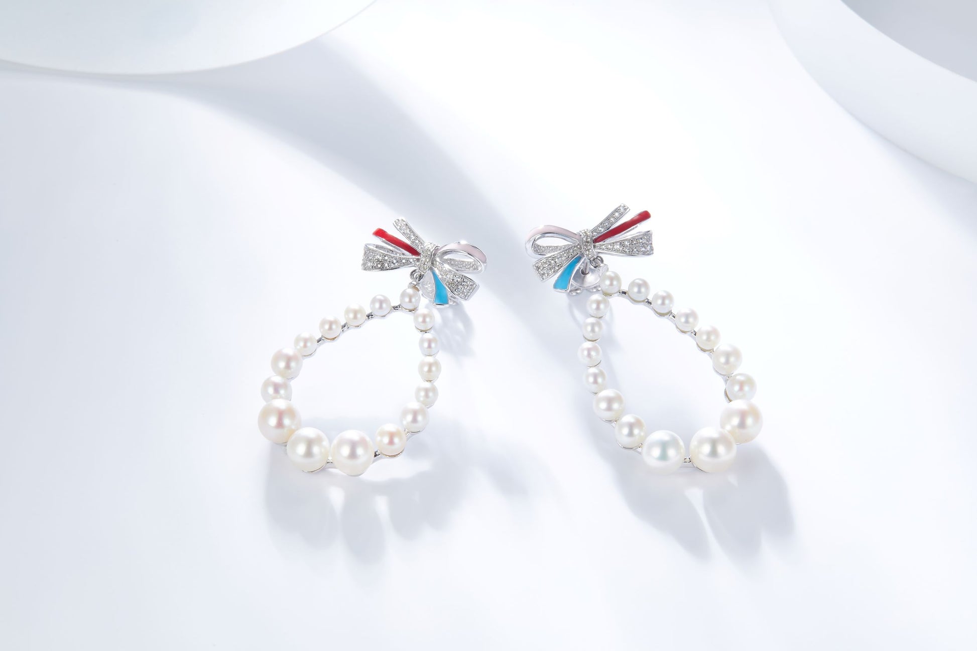 Bowknot Enamel with Pearl Silver Pendant Earrings for Women