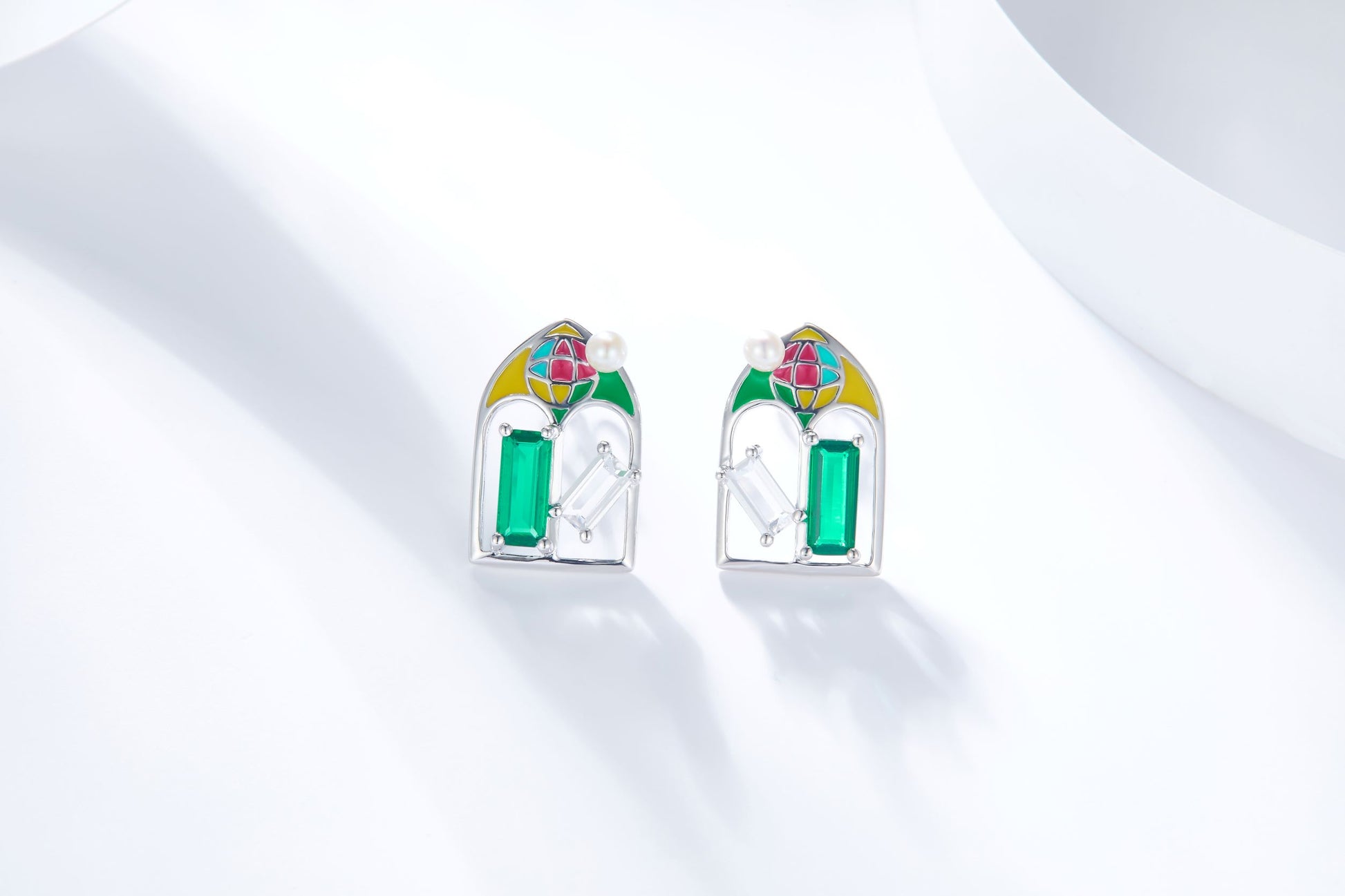 Colourful Window Enamel Silver Studs Earrings for Women
