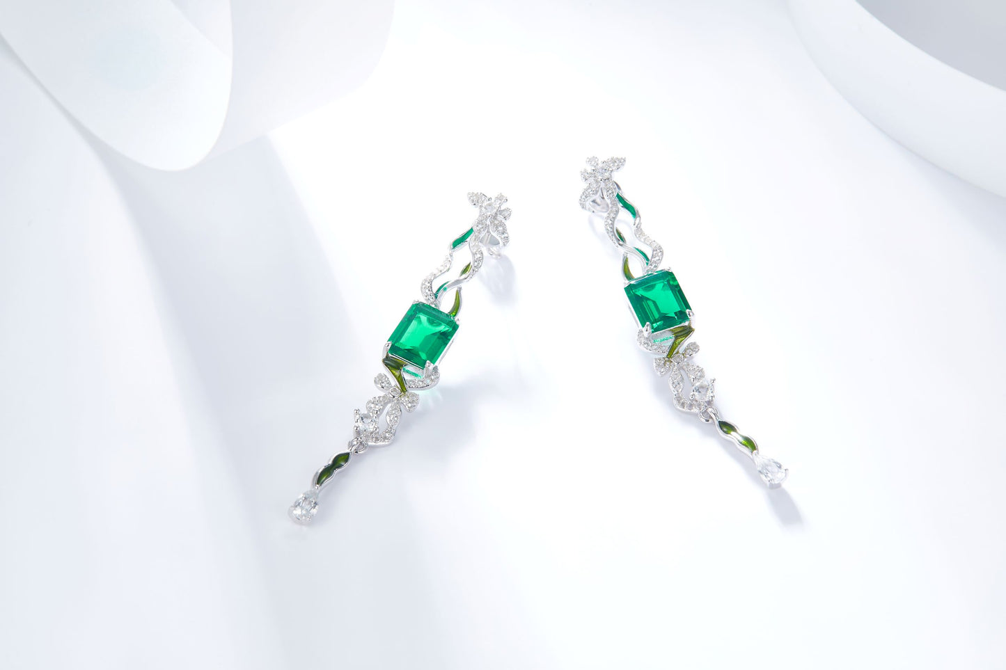 Green Colour Enamel Silver Drop Earrings for Women