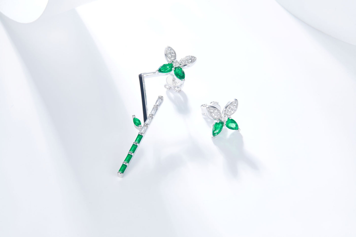 Emerald Colour Bamboo Flower Enamel Silver  Earrings for Women