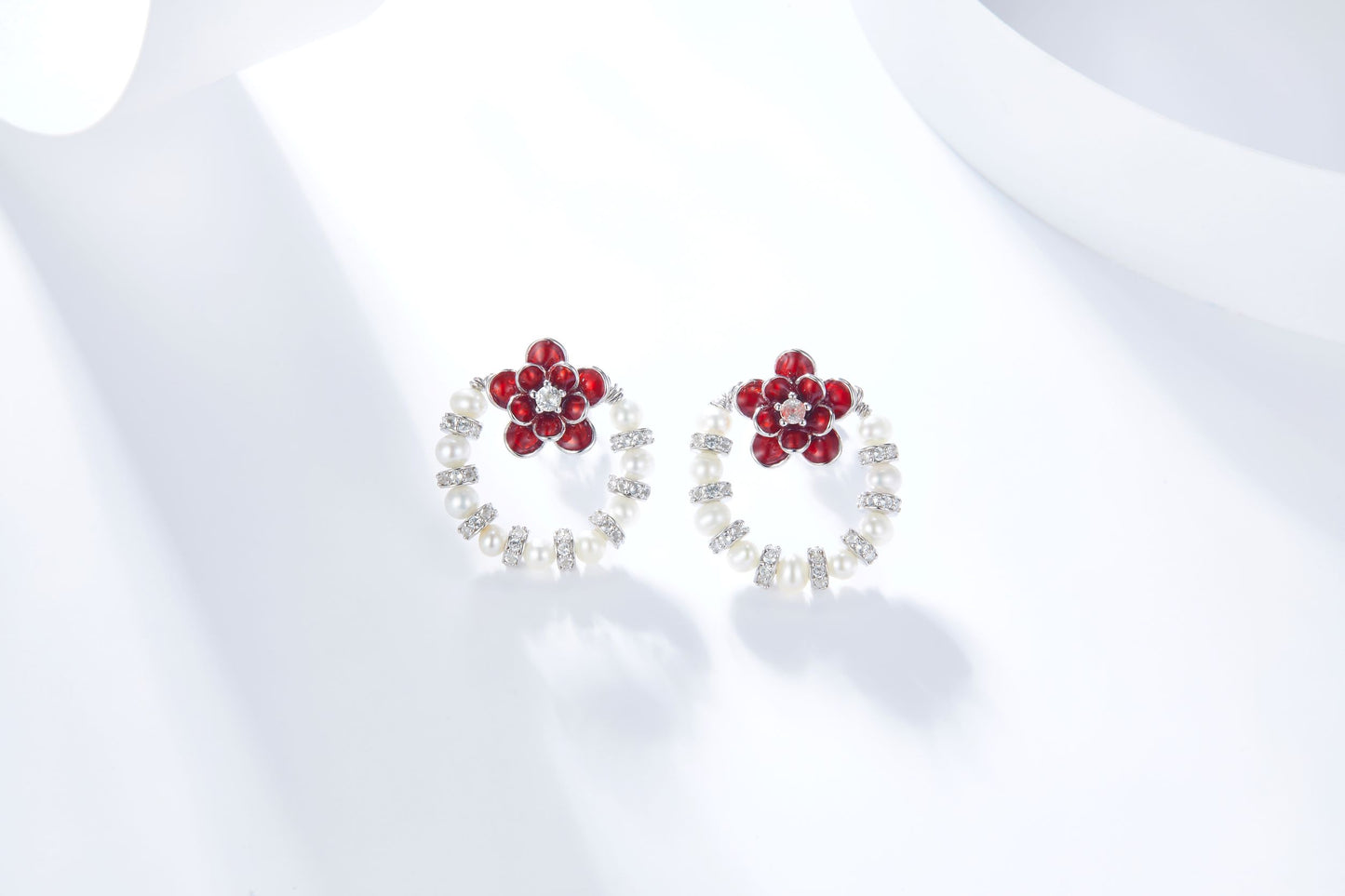 Red Flower Enamel  with Pearl Silver Studs Earrings for Women