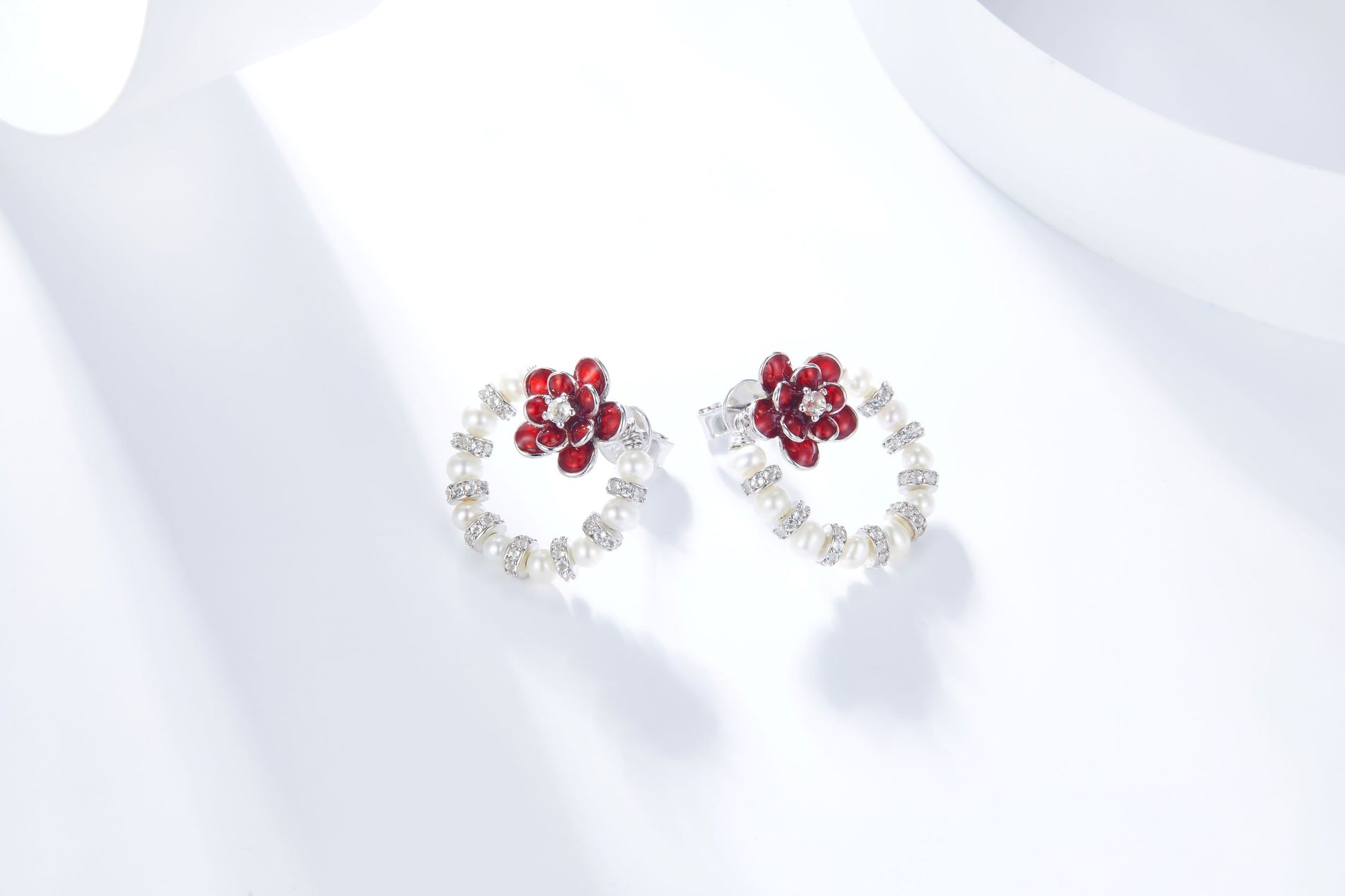Red Flower Enamel  with Pearl Silver Studs Earrings for Women