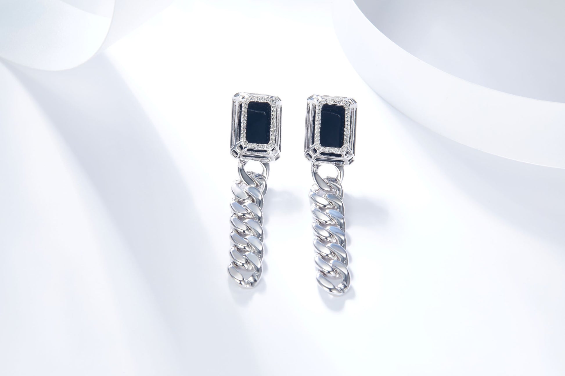 Silver Link Chain Enamel Earrings for Women