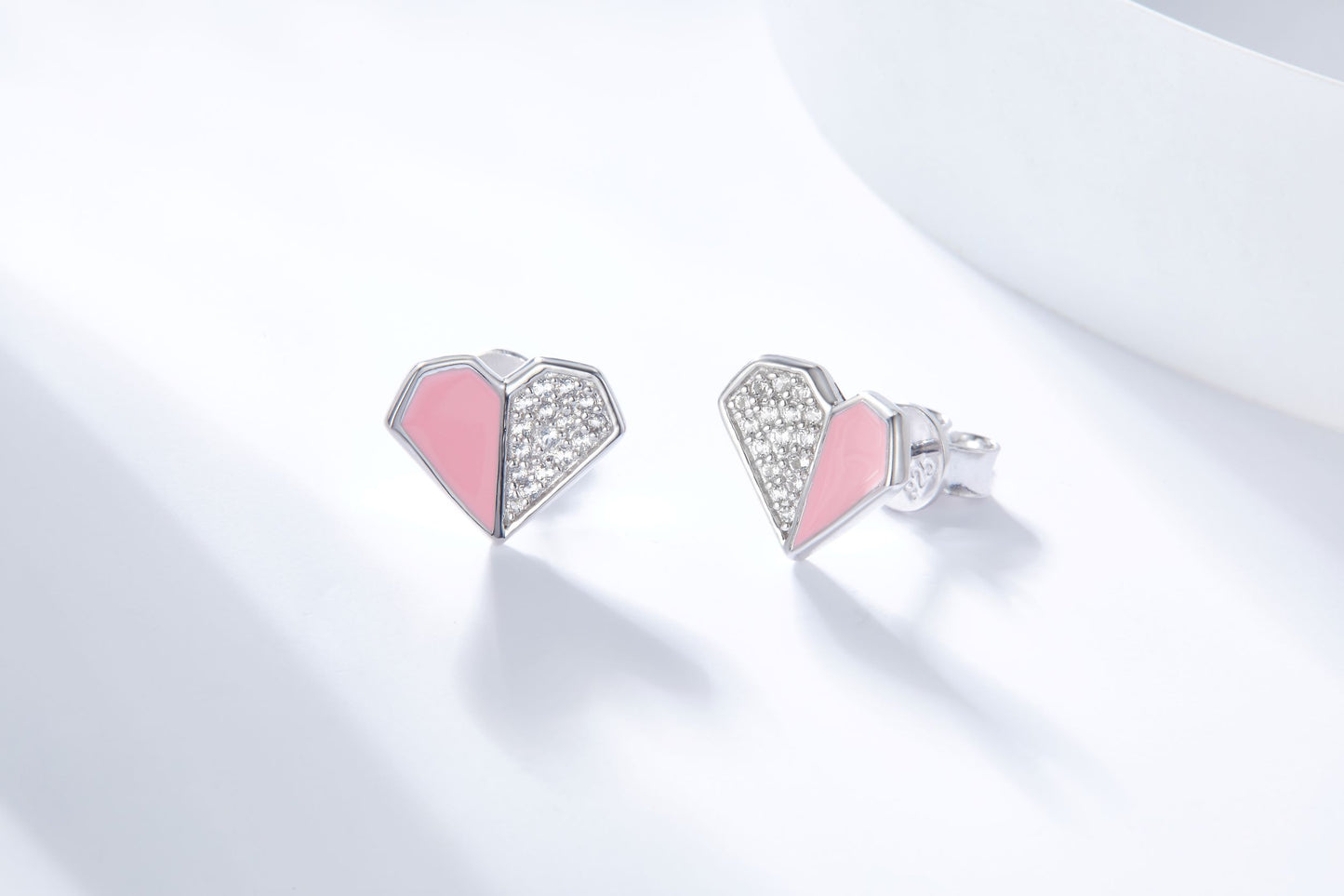Pink Heart Enamel Silver Studs Earrings for Women
