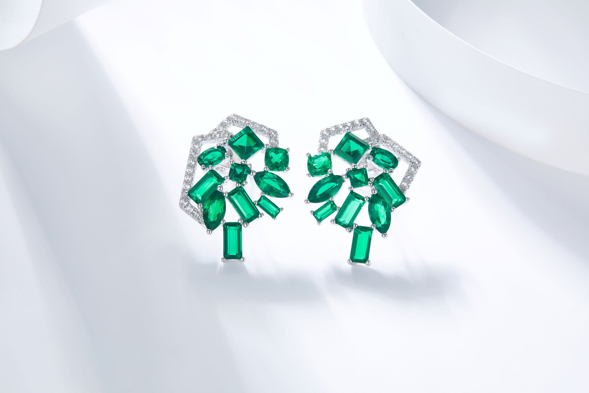 Emerald Colour Enamel with Zircon Sliver Earrings for Women