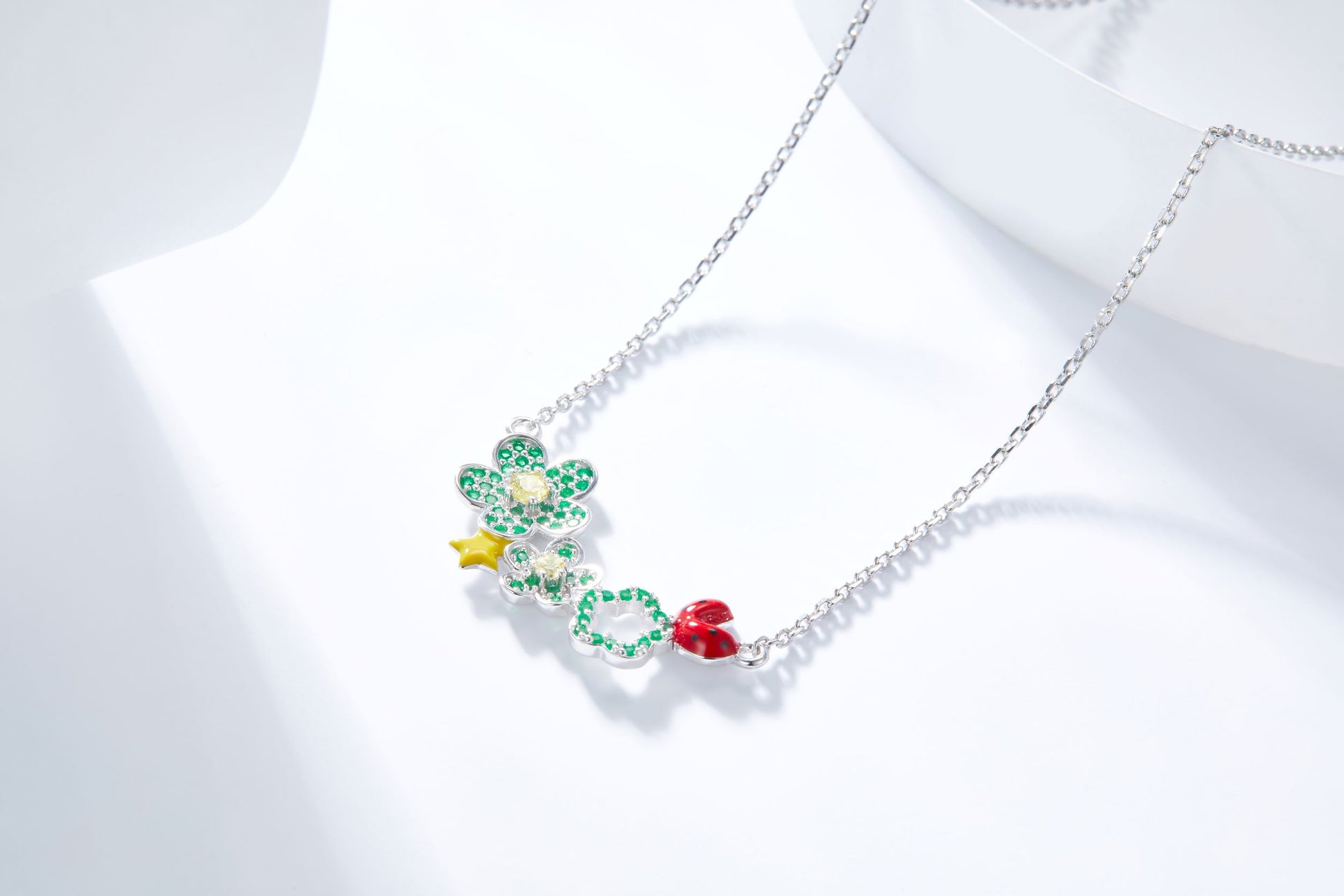 Ladybug with Flower Enamel Silver Necklace for Women