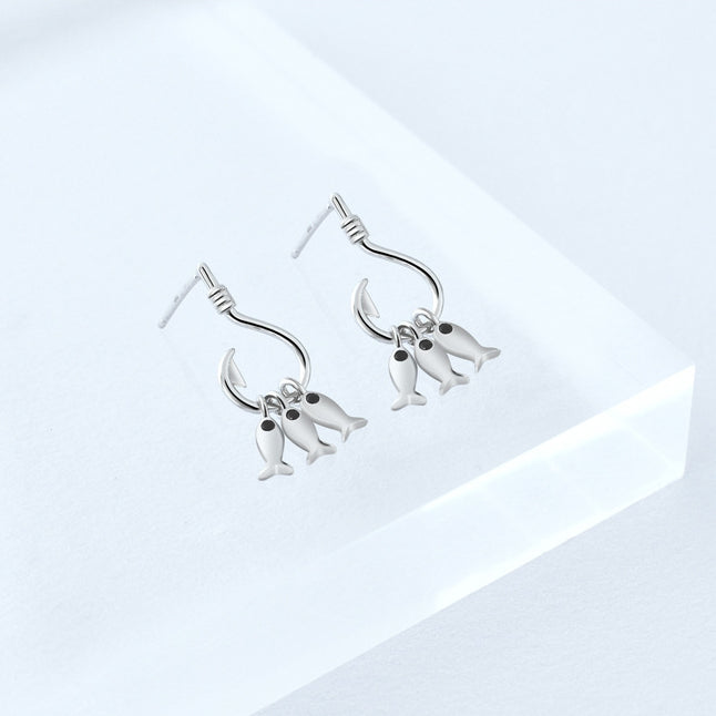 Hook with Small Fish Silver Drop Earrings for Women