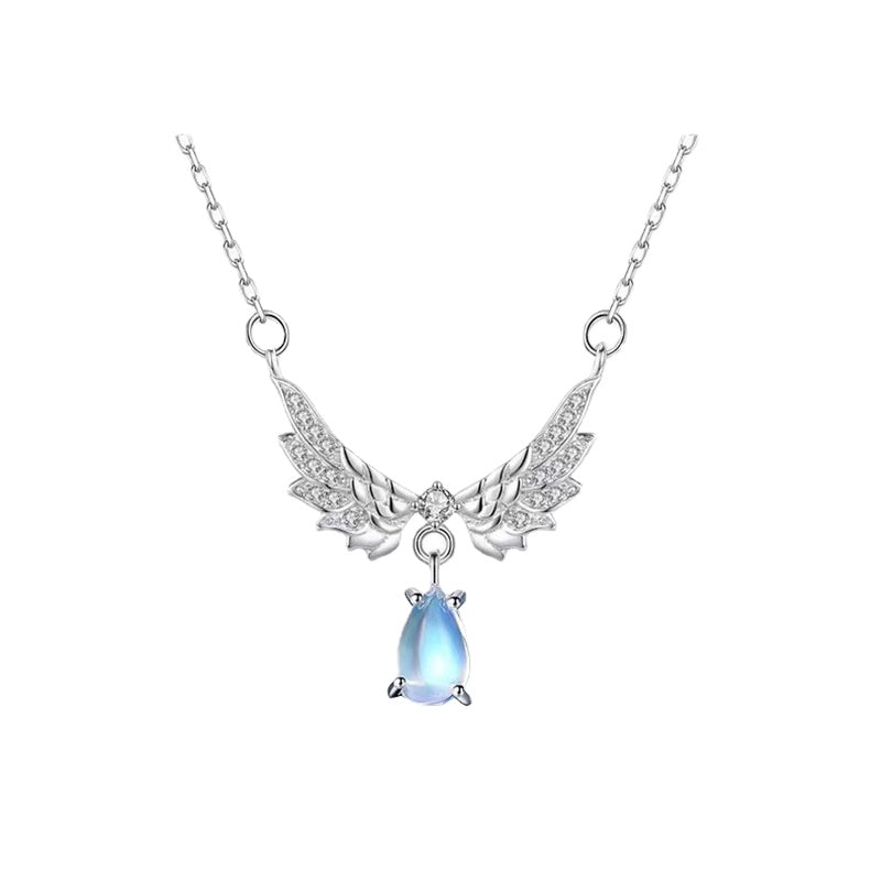 Angel's Wings with Pear Drop Moonstone Silver Necklace for Women