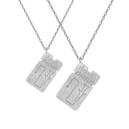 Brushed Plane Ticket Design Silver Couples Necklace for Women