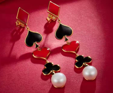 Poker Enamel with Pearls Drop Earrings for Women