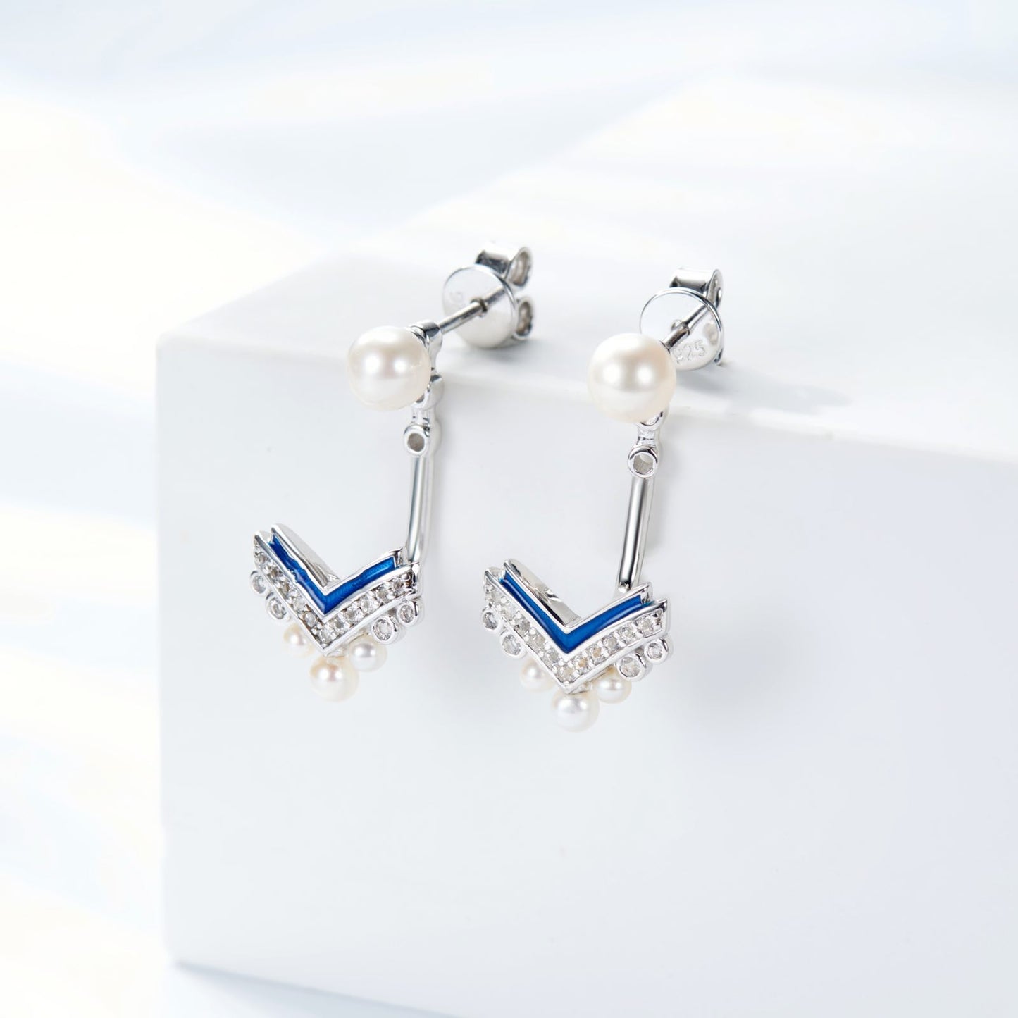 Enamel with Pearl Silver Drop Earrings for Women