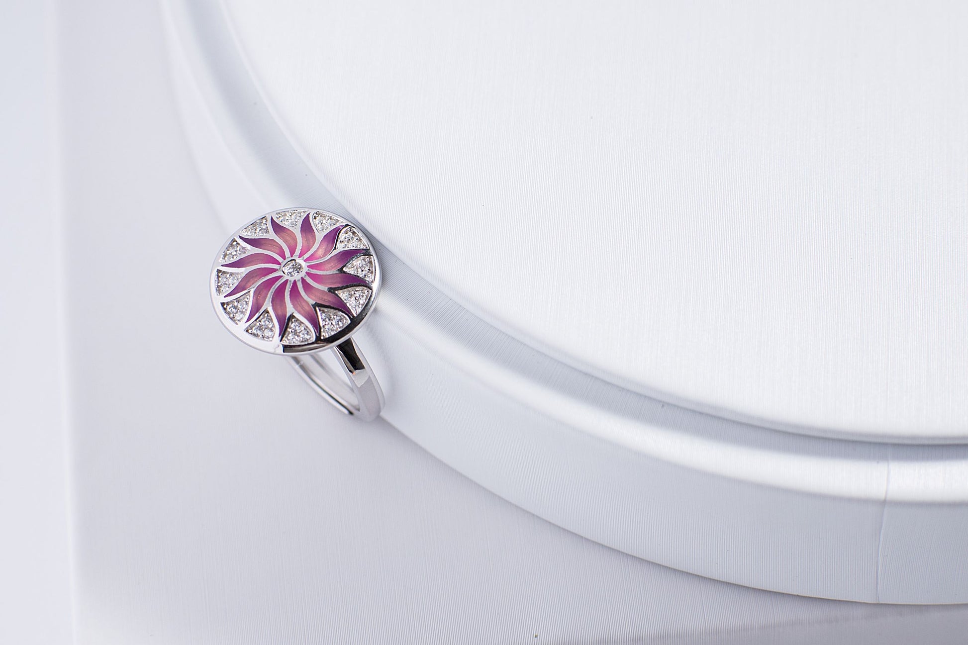 Pink Datura Stramonium Enamel Silver Ring for Women