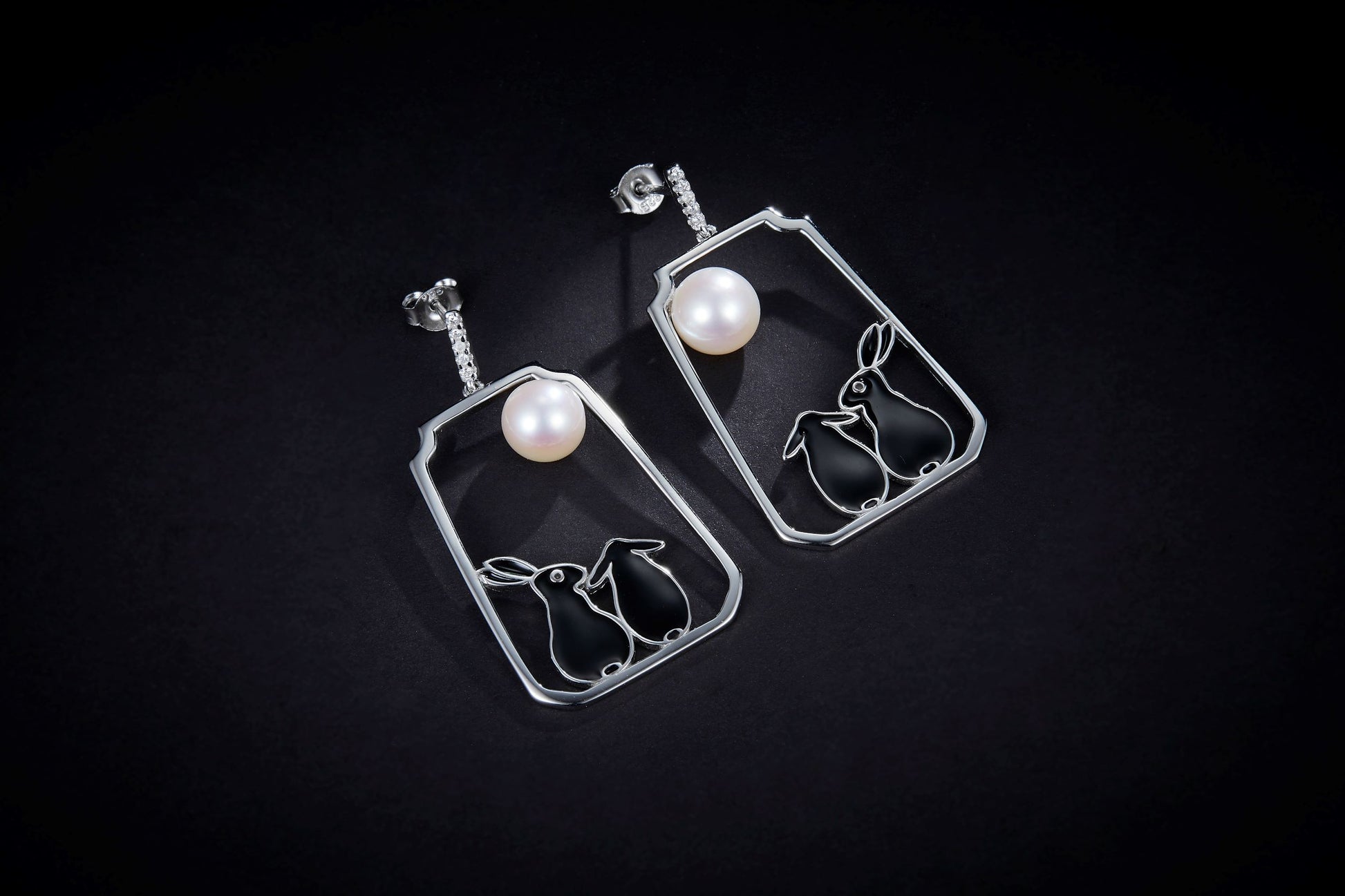 (Two Colours) Moon Rabbit Enamel with Pearl Silver Drop Earrings for Women