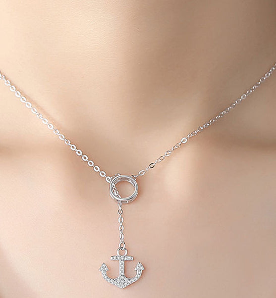 Zircon Ship Anchor Silver Necklace for Women