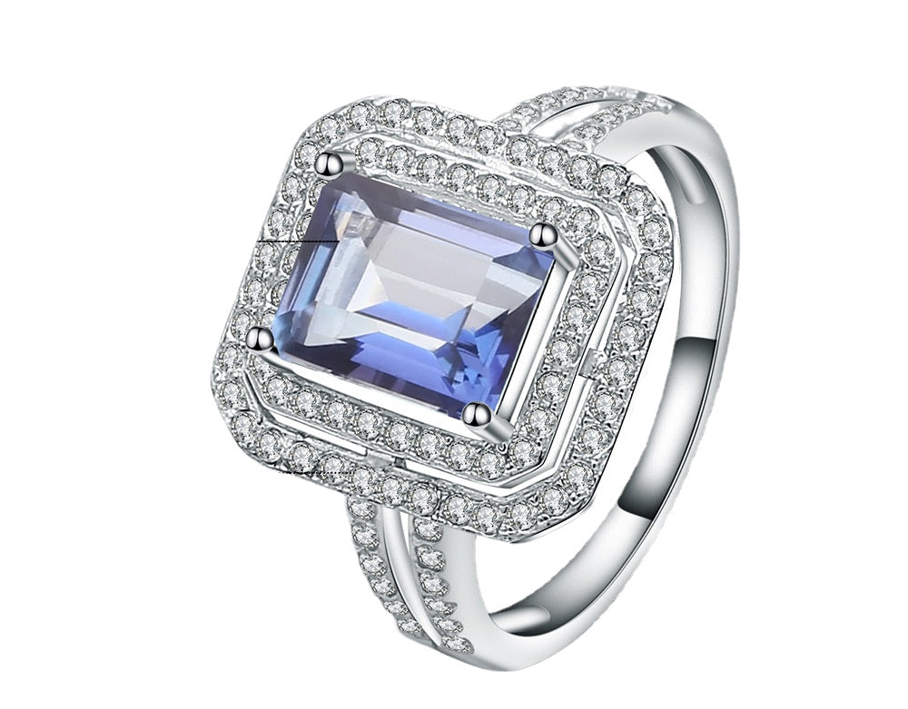High-grade Temperament  Natural Topaz Luxury Soleste Halo Square Sterling Silver Ring for Women