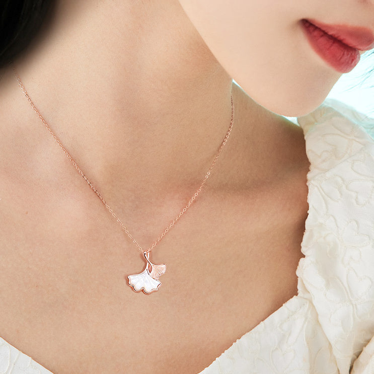 Mother of Pearl Ginkgo Leaf Silver Necklace for Women