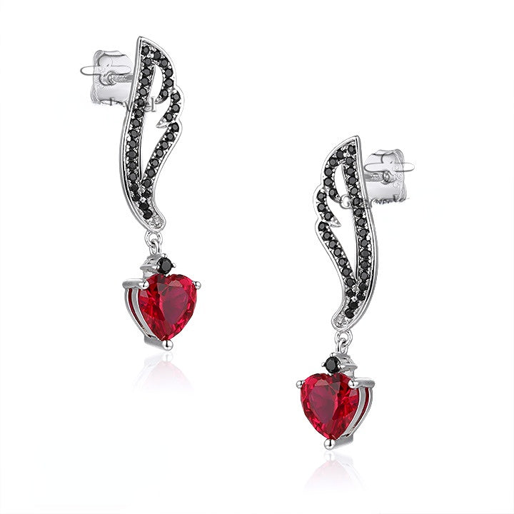 Heart-shaped Red Corundum with Wing Silver Drop Earrings for Women