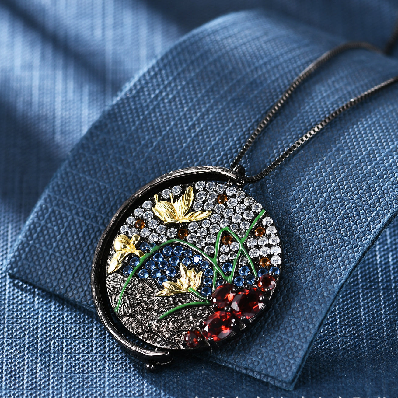 Italian Crafts Natural Style Pattern Retro Jewelry Design Inlaid Colourful Gemstones Butterfly In Garden Pendant Silver Necklace for Women