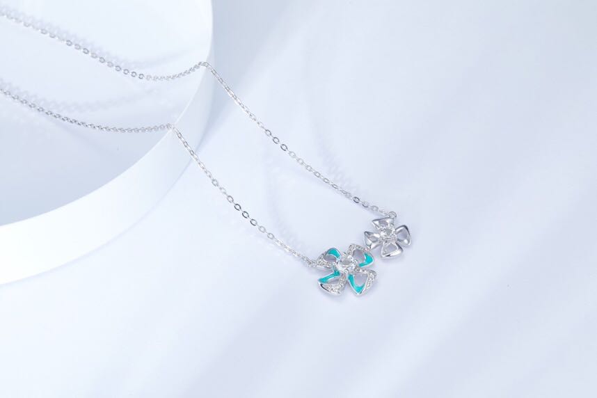 Blue Double Clovers Enamel Silver Necklace for Women