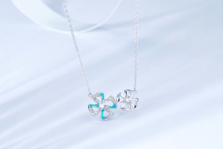 Blue Double Clovers Enamel Silver Necklace for Women