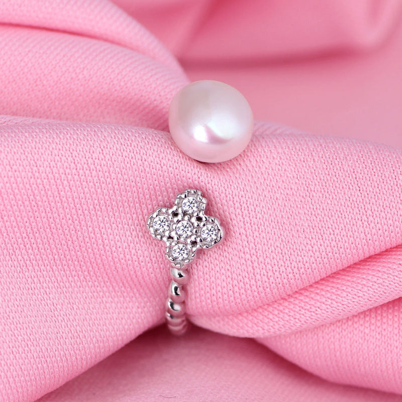 Zircon Lucky Clover with Pearl Opening Silver Ring for Women
