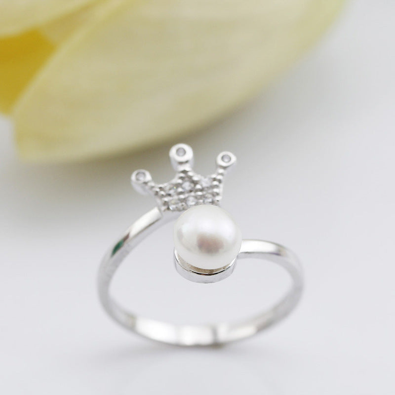 Zircon Crown with Freshwater Pearl Silver Ring