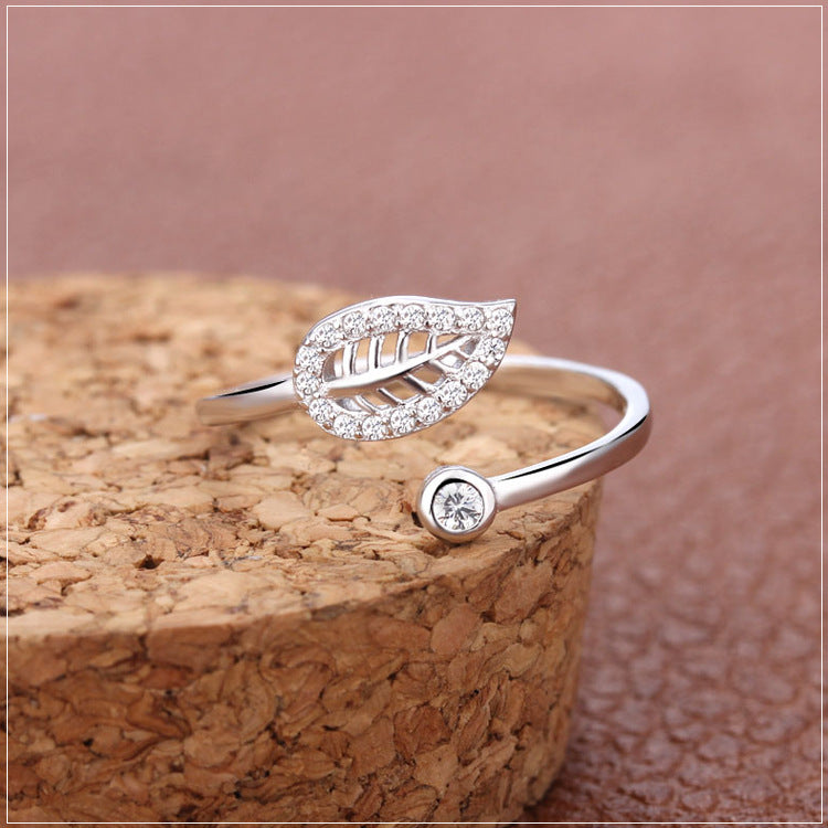 Zircon Leaf Silver Ring for Women