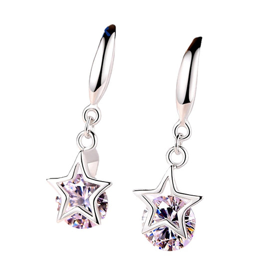 Star with Round Zircon Silver Drop Earrings for Women