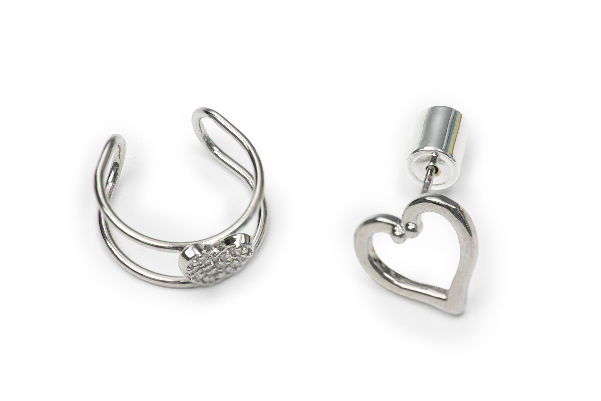 Planderful Clip and Stud with Heart - Silver Earrings for Women