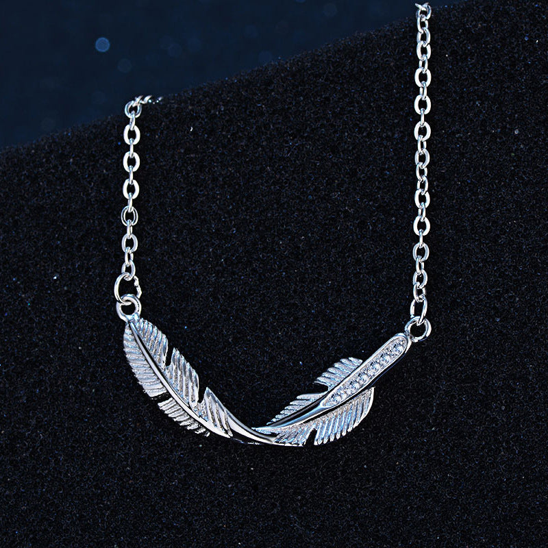 Feather with Zircon Pendant Silver Necklace for Women