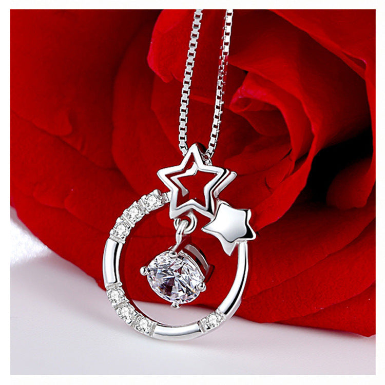 Star with Round Zircon Circle Pendant Silver Necklace for Women